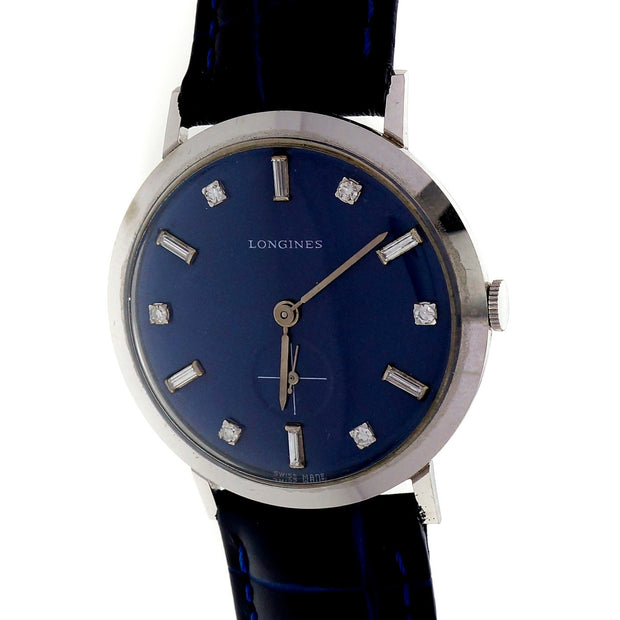 Diamond Dial 1960 14k White Gold Longines 1960 Blue Dial Strap Watch