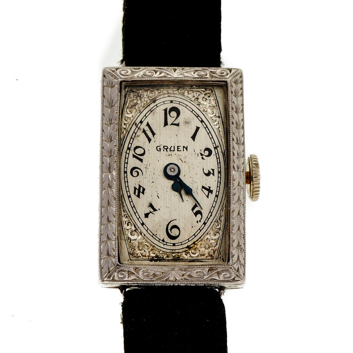 Art Deco Hand Engraved Gruen Guild Platinum 1920 Satin Strap Wrist Watch