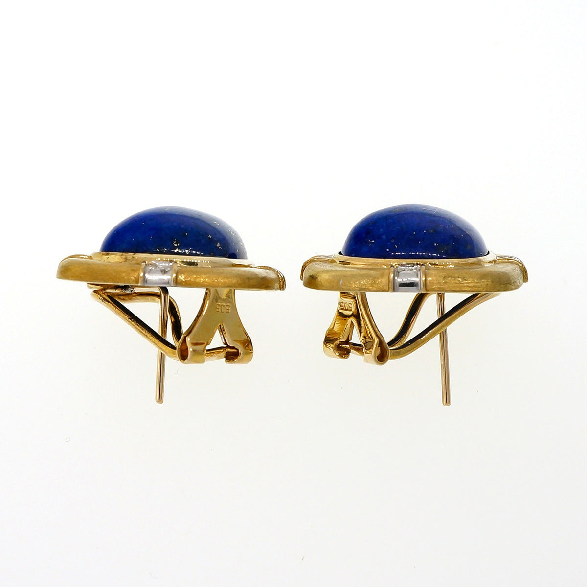Vintage 1960 Natural Blue Lapis 14k Yellow Textured Gold Diamond Earrings – image 3