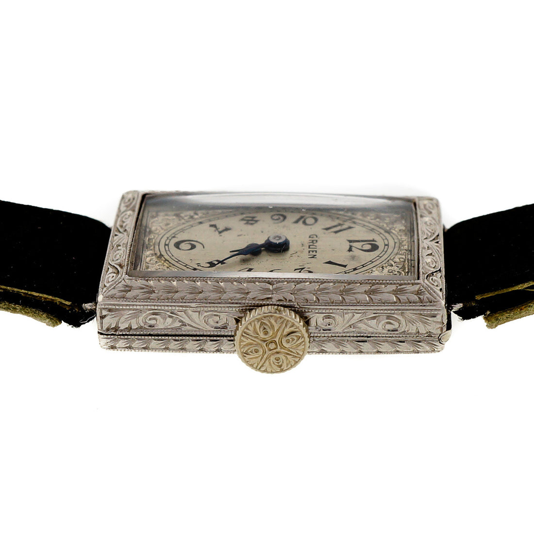 Art Deco Hand Engraved Gruen Guild Platinum 1920 Satin Strap Wrist Watch – image 4