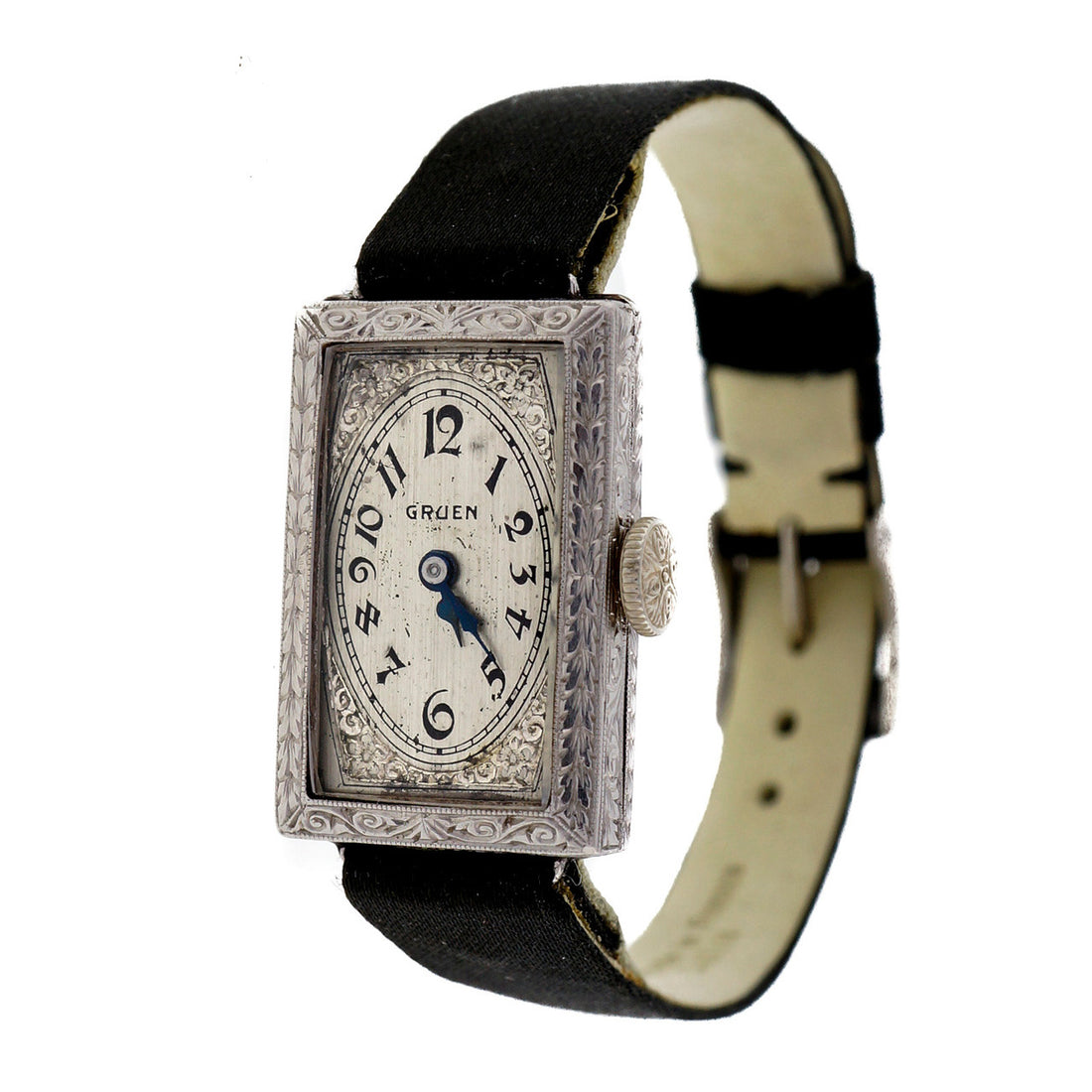 Art Deco Hand Engraved Gruen Guild Platinum 1920 Satin Strap Wrist Watch – image 12