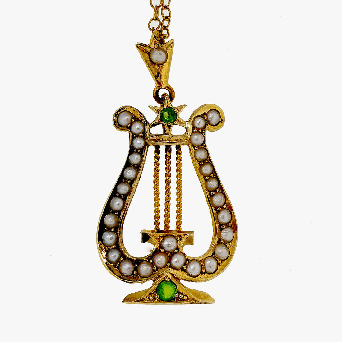 Vintage Victorian Harp Pendant Demantoid Garnet Natural Pearl 15k Yellow Gold – image 5
