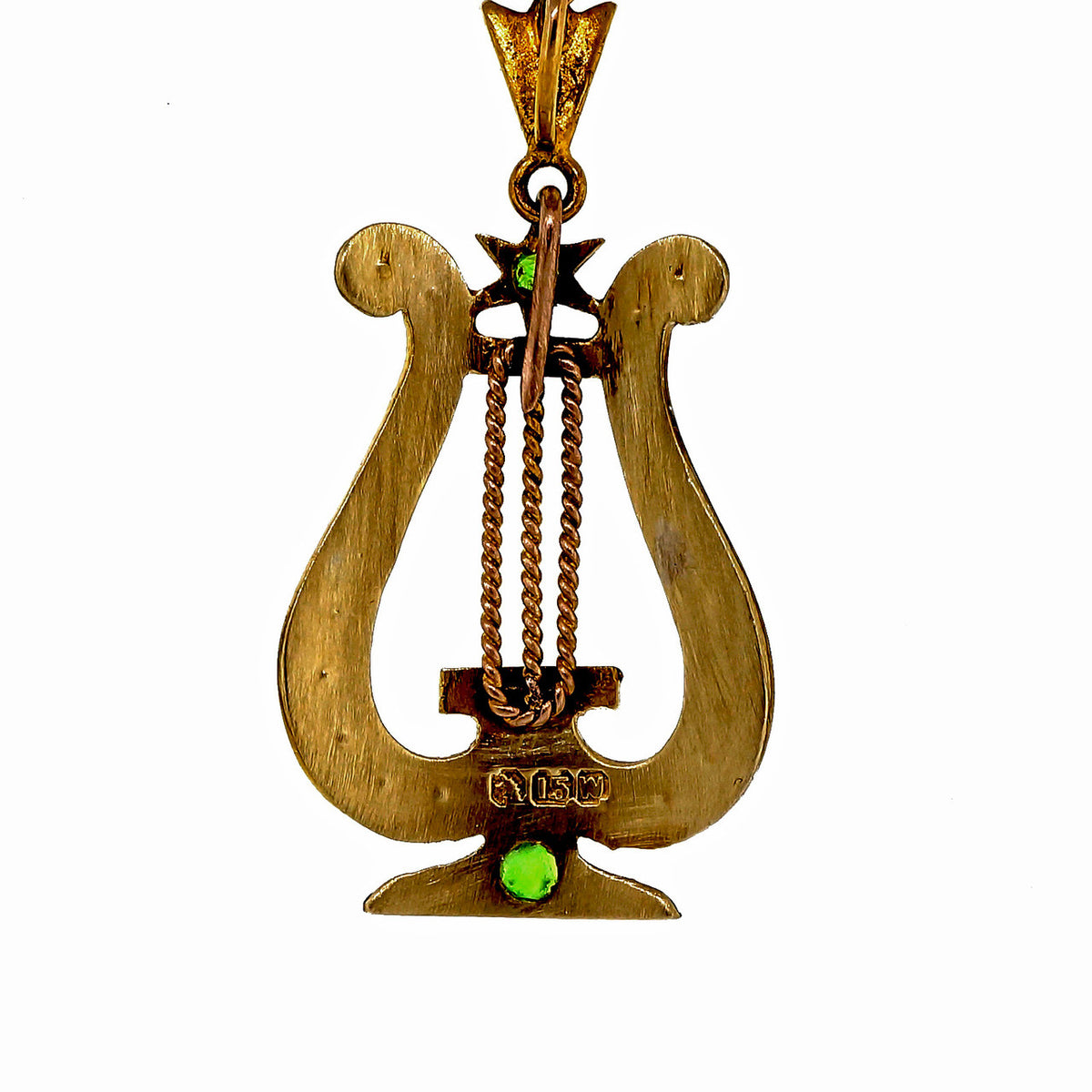 Vintage Victorian Harp Pendant Demantoid Garnet Natural Pearl 15k Yellow Gold – image 6