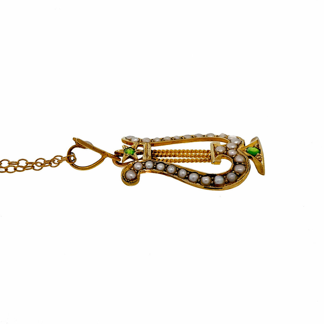 Vintage Victorian Harp Pendant Demantoid Garnet Natural Pearl 15k Yellow Gold – image 7