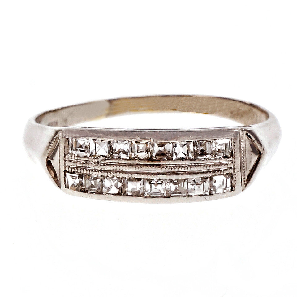 Vintage Retro Square Diamond Platinum Wedding Band Ring