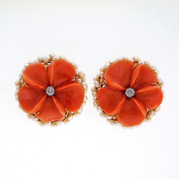 Vintage Carved Coral Diamond Pearl 9k English Flower Earrings