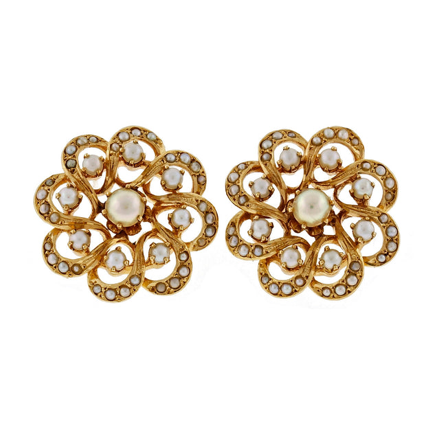 Vintage 1950 Hammerman Victorian 14k Yellow Gold Pearl Circle Cluster Earrings