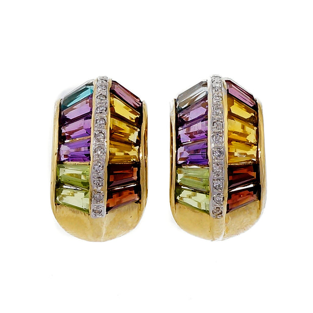 Vintage 1970 Multi Color Tapered Baguette 14k Yellow Gold Diamond Earrings