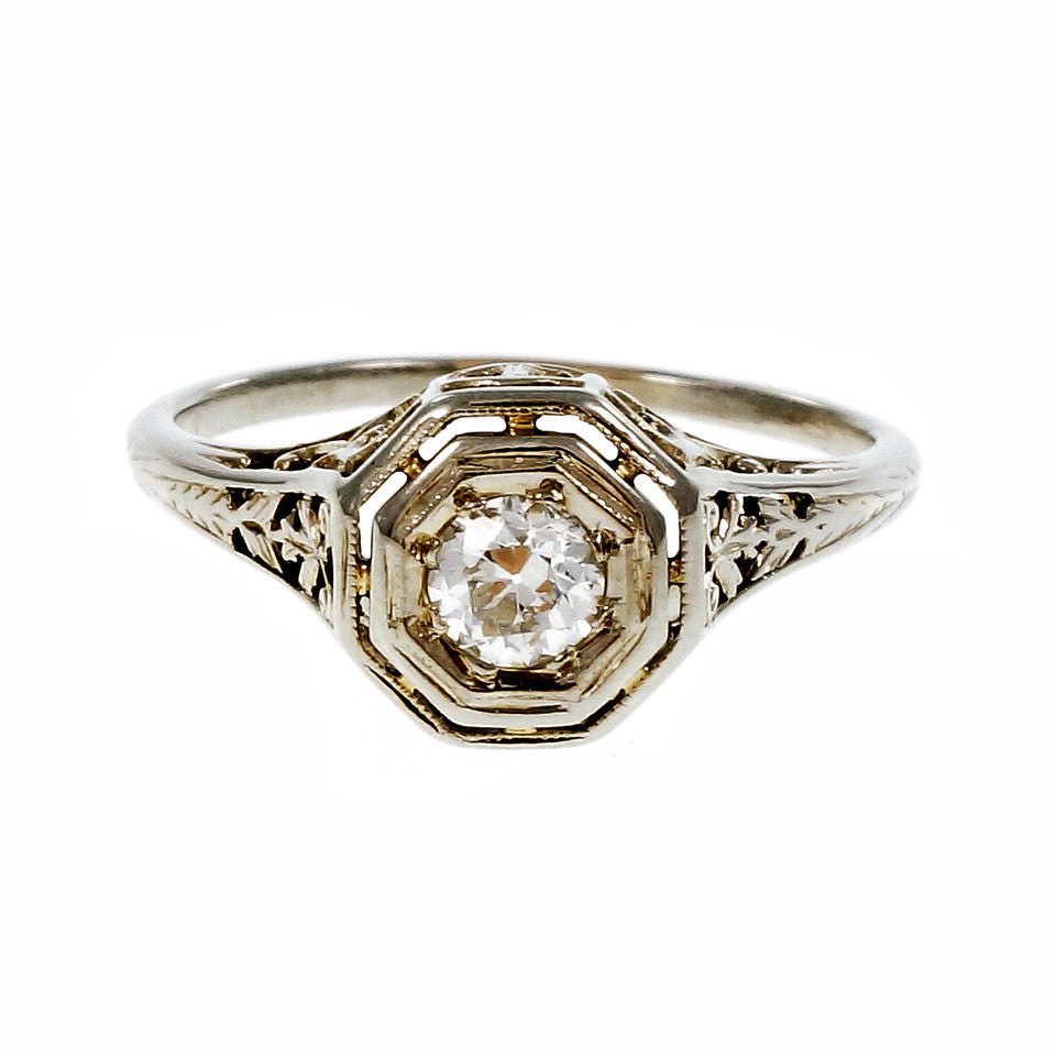 Estate Art Deco 1930 Engagement Ring Filigree 18k White Gold