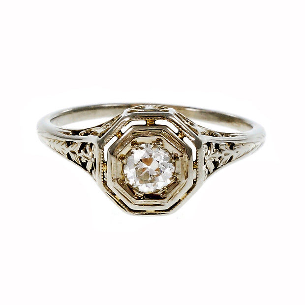 Estate Art Deco 1930 Engagement Ring Filigree 18k White Gold
