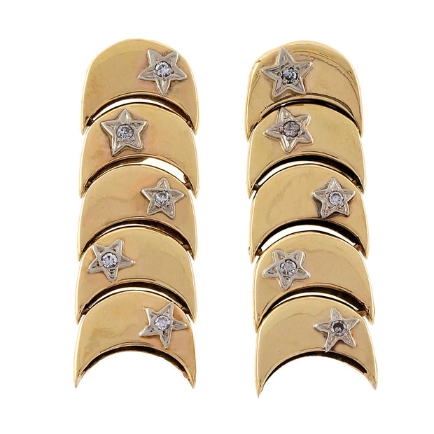 Vintage 1950 Crescent Hinged 5 Section Dangle Earrings Diamond Stars