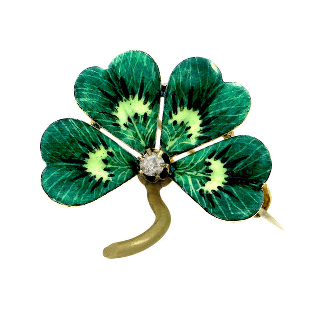 Vintage 1900 Four Leaf Flower Pin 18k Gold Green White Enamel Old Mine Diamond