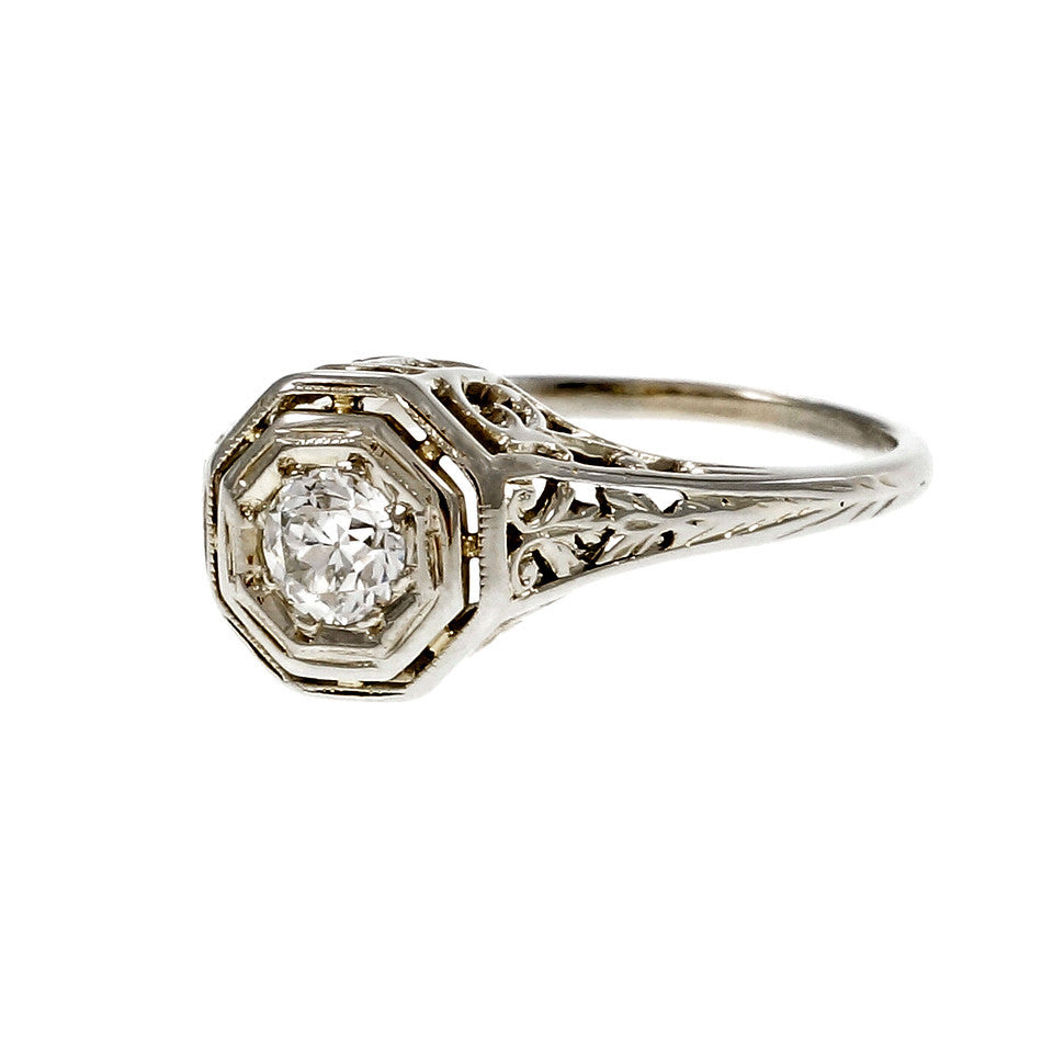 Estate Art Deco 1930 Engagement Ring Filigree 18k White Gold – image 2