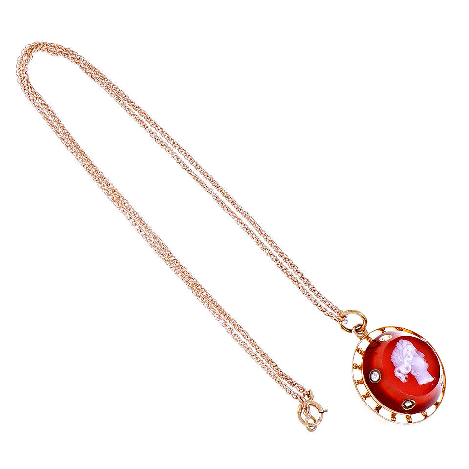 Victorian Carved Carnelian Hardstone Pendant Pink Gold Rose Cut Diamonds