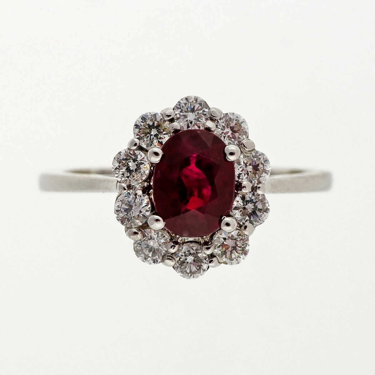 Rare Red 1.00ct Oval Ruby Diamond 14k White Gold Cluster Ring