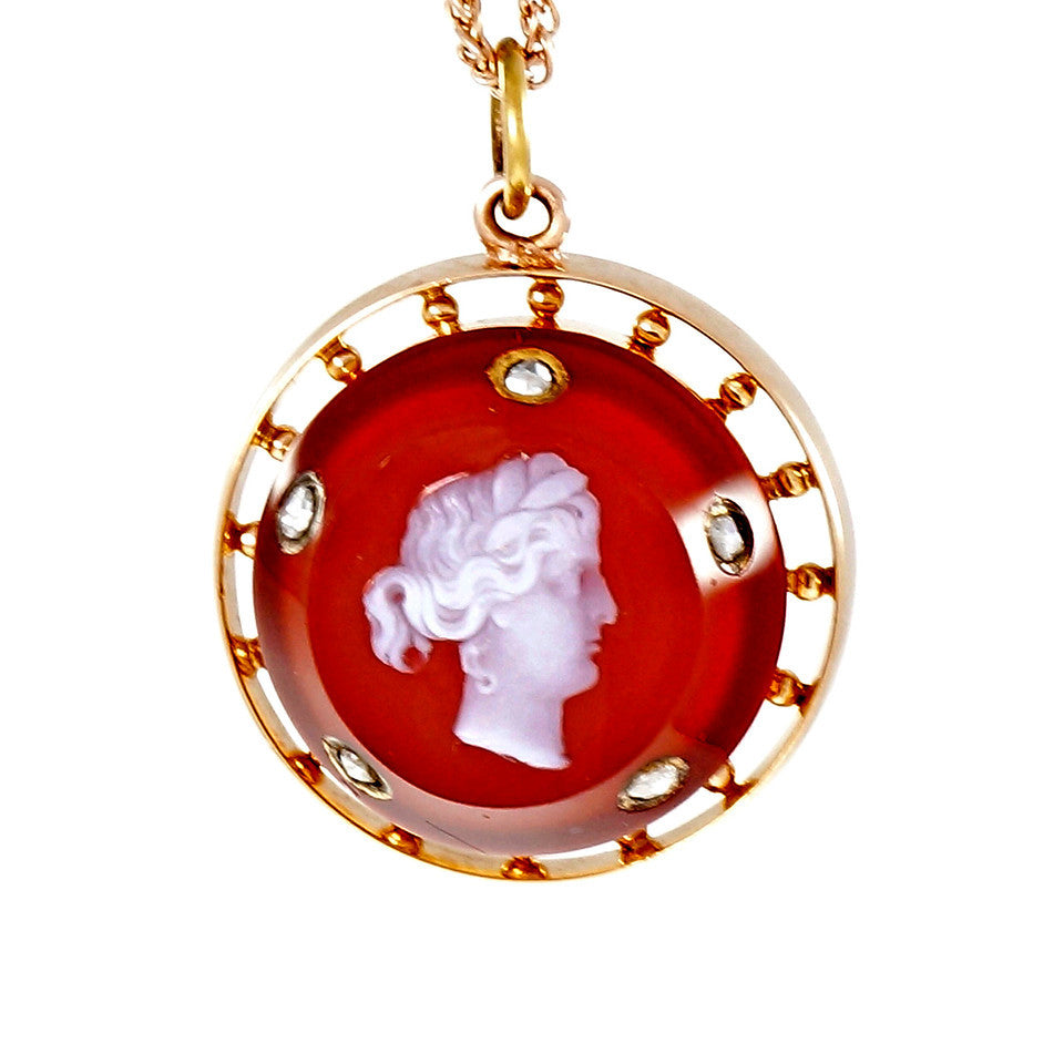 Victorian Carved Carnelian Hardstone Pendant Pink Gold Rose Cut Diamonds – image 2
