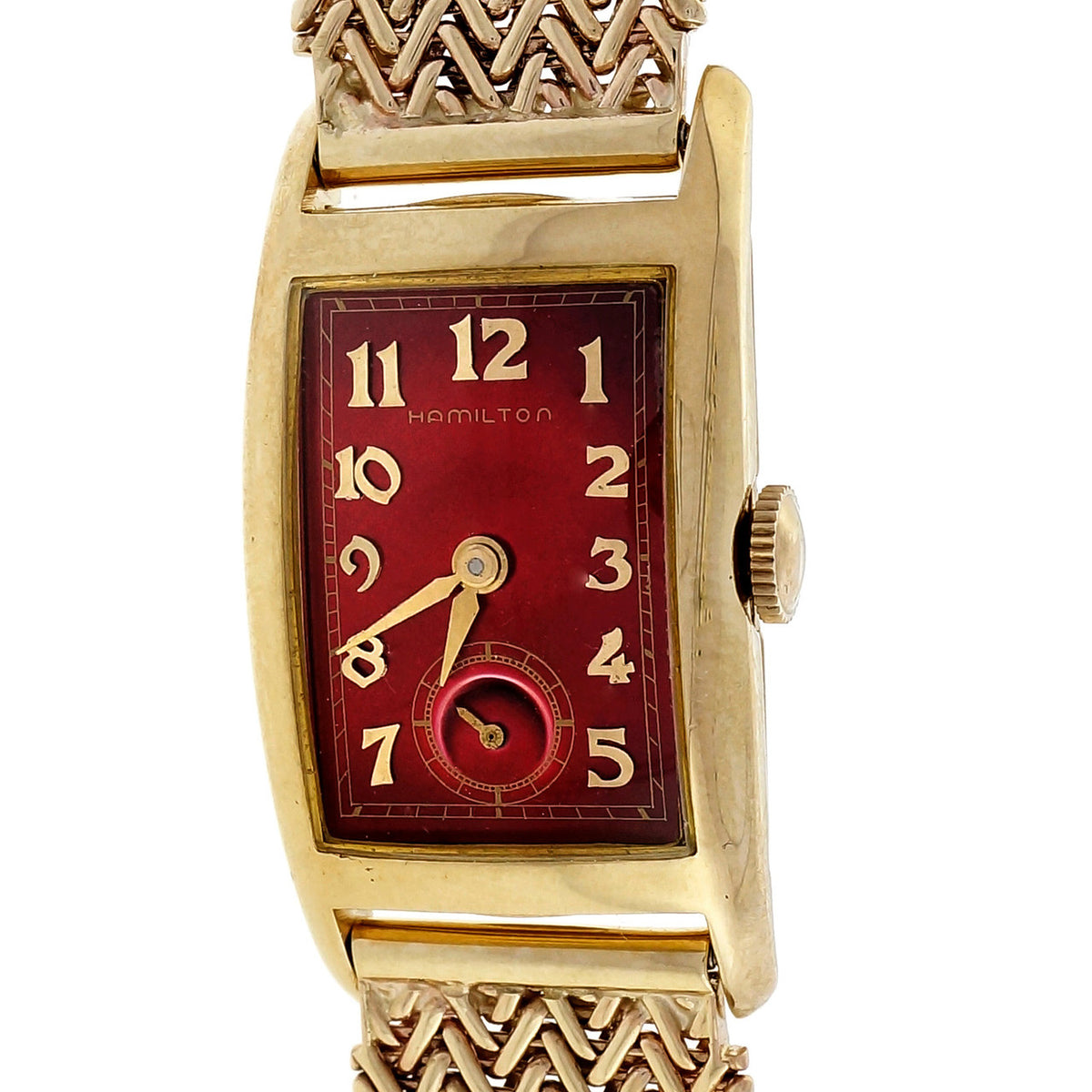 Art Deco Curved Hamilton 14k Yellow Gold Custom Colored Red Dial Mesh Band Watch