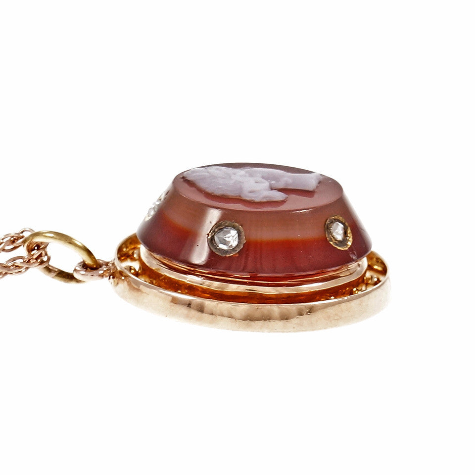 Victorian Carved Carnelian Hardstone Pendant Pink Gold Rose Cut Diamonds – image 4