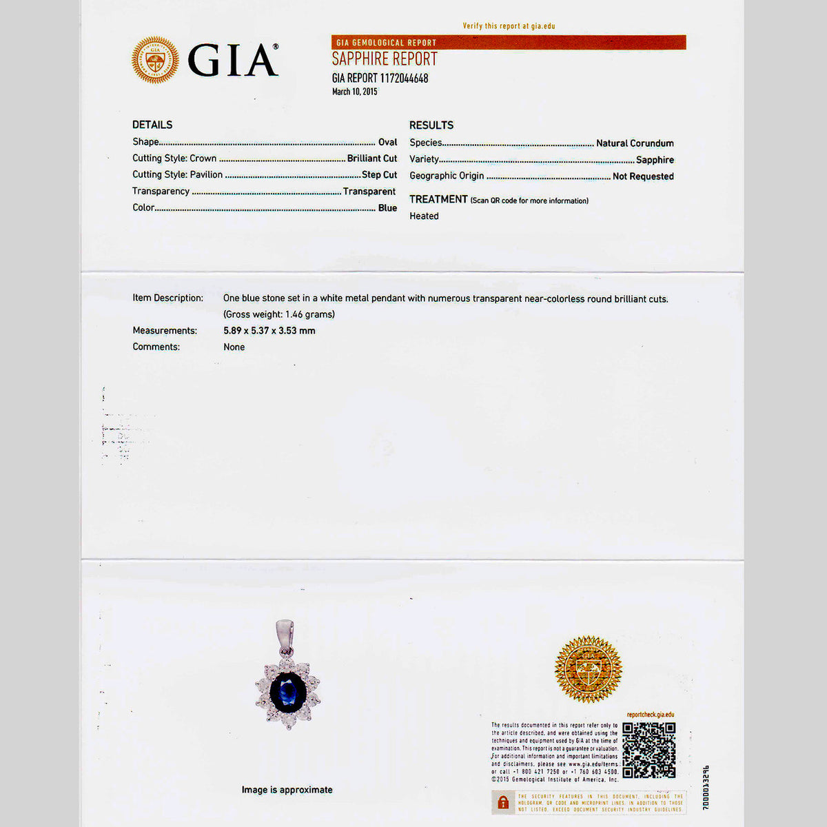 Royal Blue 1.14ct Sapphire TJ 18k White Gold Diamond Pendant – image 9