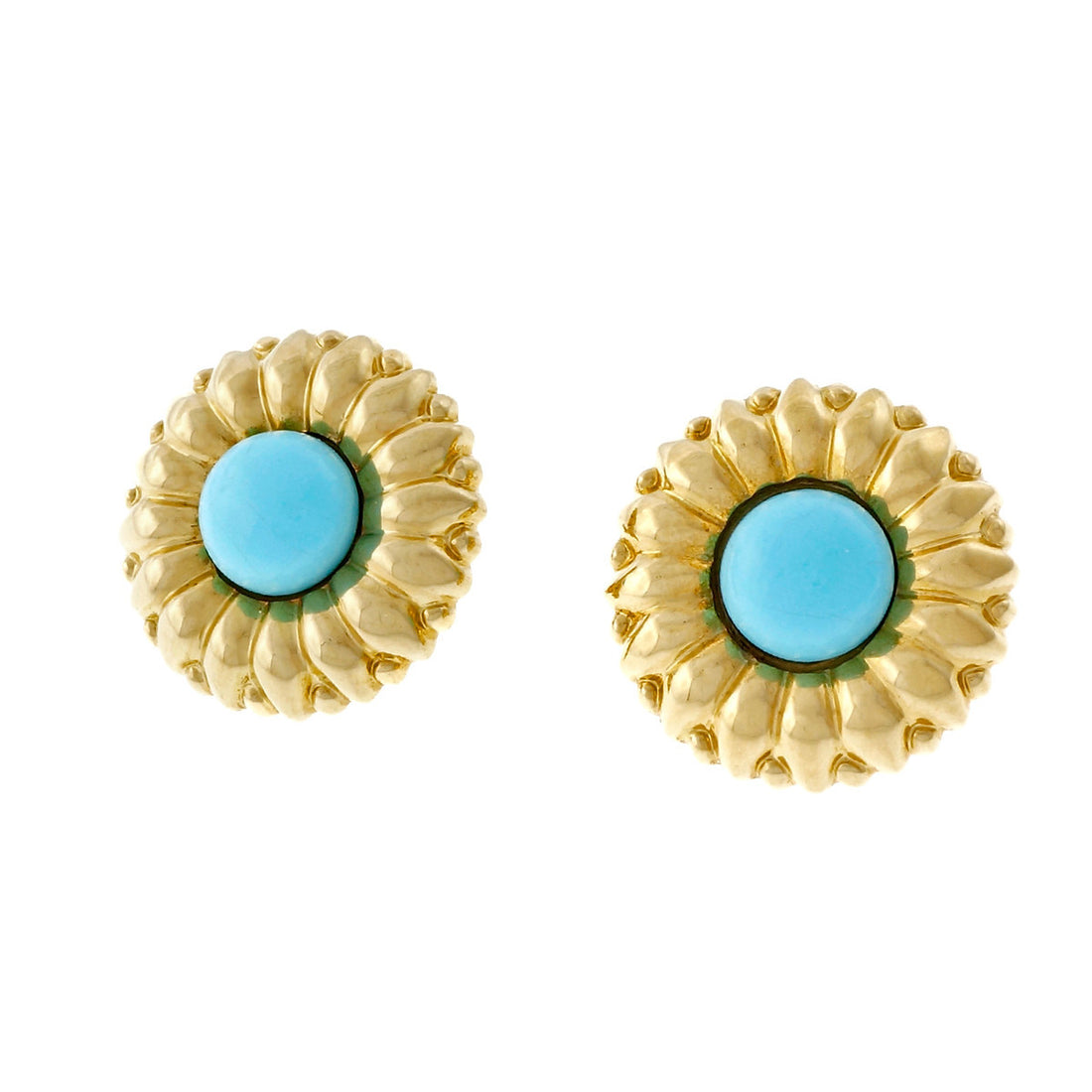 Vintage 1970 Turquoise Sunflower 18k Yellow Gold Clip Post Earrings – image 2