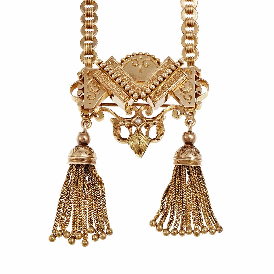 Victorian Vintage Double Tassel Pendant Pin 14k Pink Green Gold