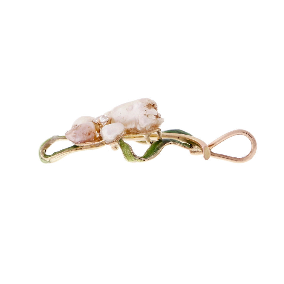 Victorian 1905 Natural Pearl Pendant Freshwater Green Enamel Old Mine Diamond – image 3