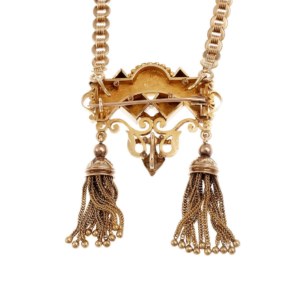 Victorian Vintage Double Tassel Pendant Pin 14k Pink Green Gold – image 3