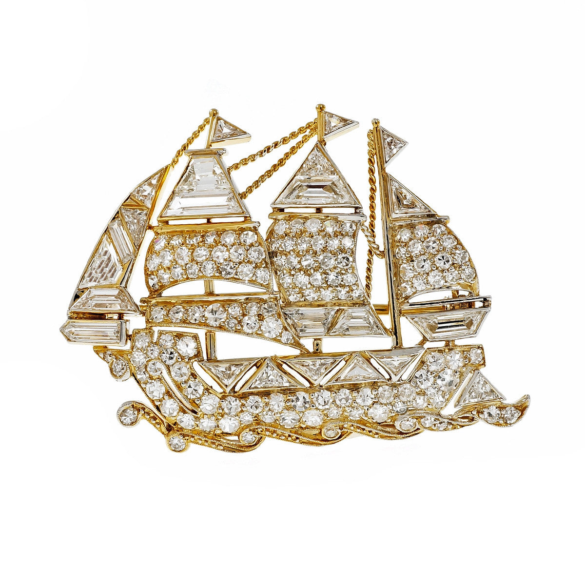 Vintage Sail Boat Ship Pin Fancy Cut Round Diamonds 18k Platinum – image 2