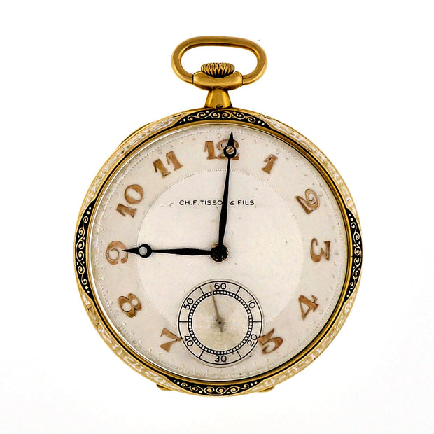 Art Deco CH.F.Tissot & Fils 18k Gold Black White Enamel Pocket Watch