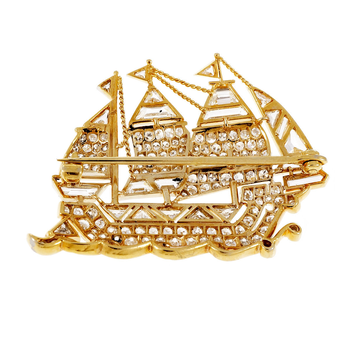 Vintage Sail Boat Ship Pin Fancy Cut Round Diamonds 18k Platinum – image 7