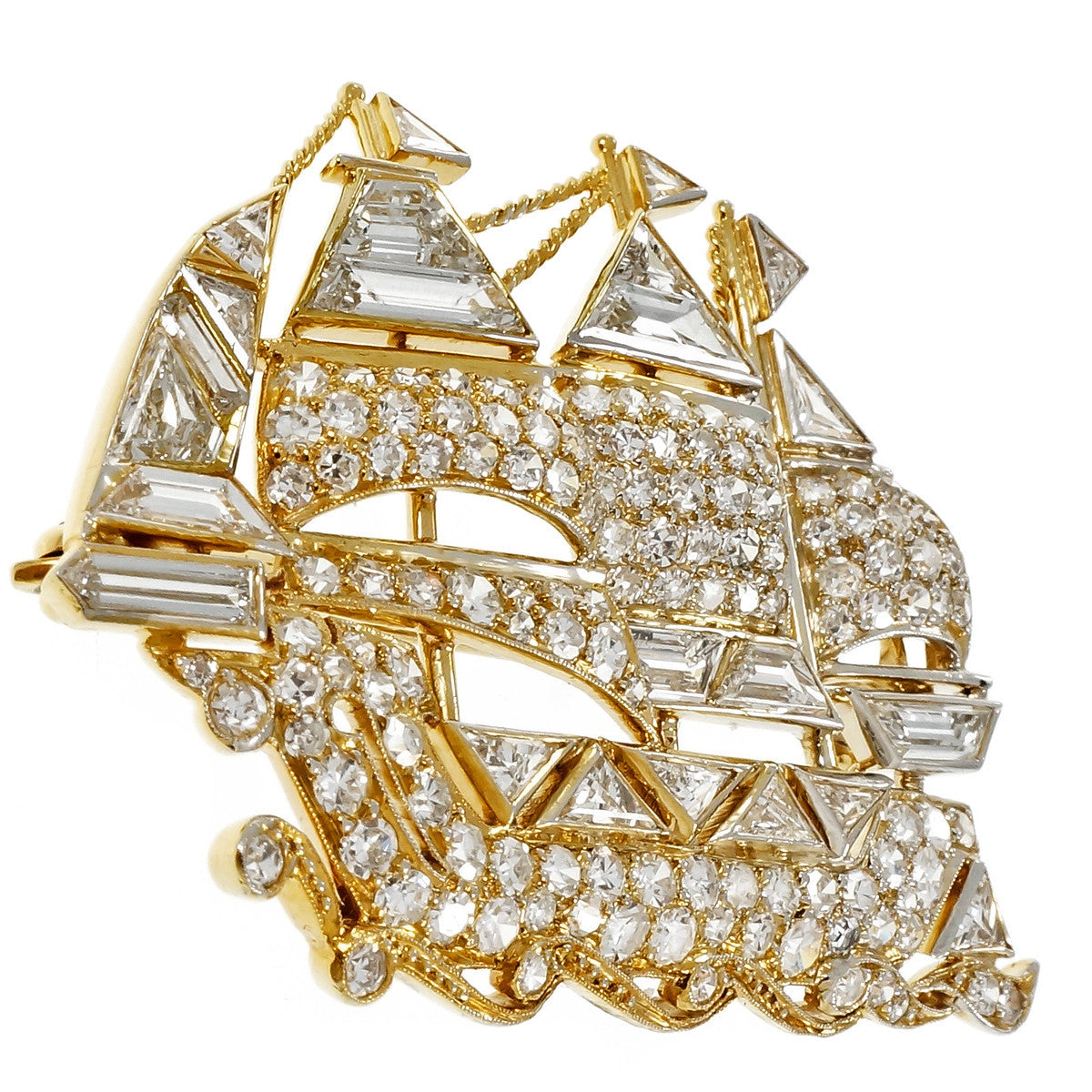 Vintage Sail Boat Ship Pin Fancy Cut Round Diamonds 18k Platinum – image 9