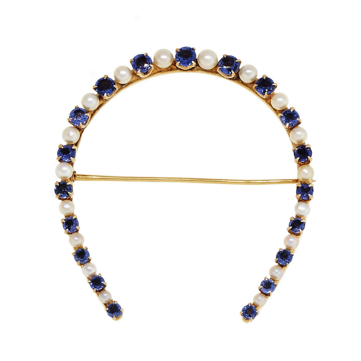 1920 Natural Montana Sapphire Horse Shoe Pin Natural Pearl 14k Yellow Gold