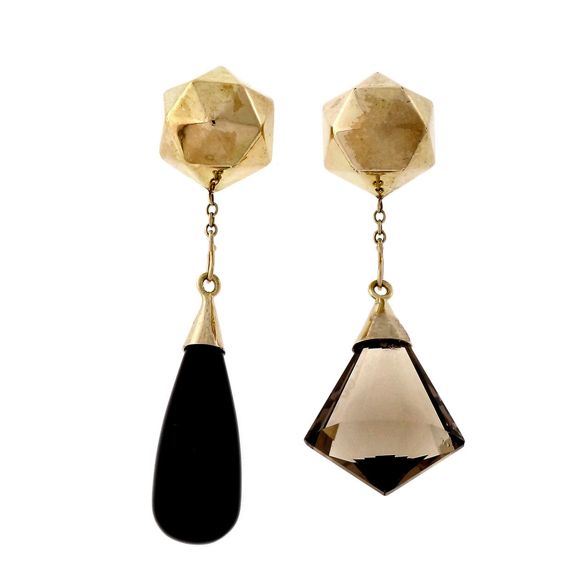 Vintage Faceted 14k Yellow Gold Dangle Earrings Smoky Quartz Black Onyx Pearl