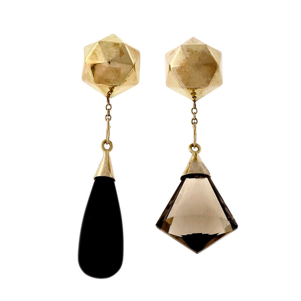 Vintage Faceted 14k Yellow Gold Dangle Earrings Smoky Quartz Black Onyx Pearl
