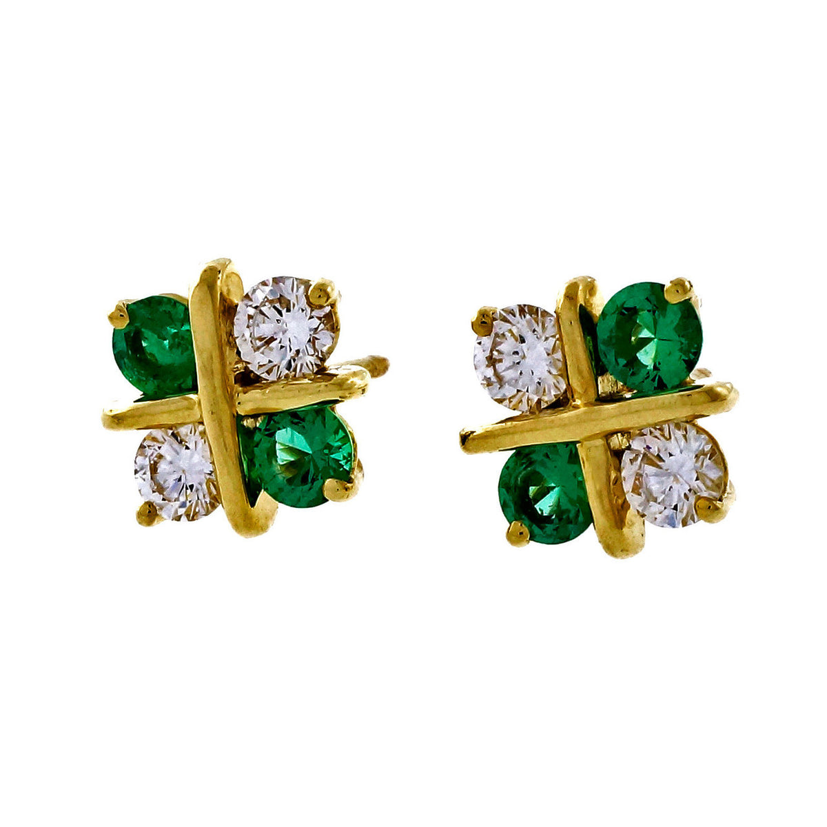 Estate “X” Design Gem Quality .40ct Diamond Emerald Earrings 18k Yellow Gold