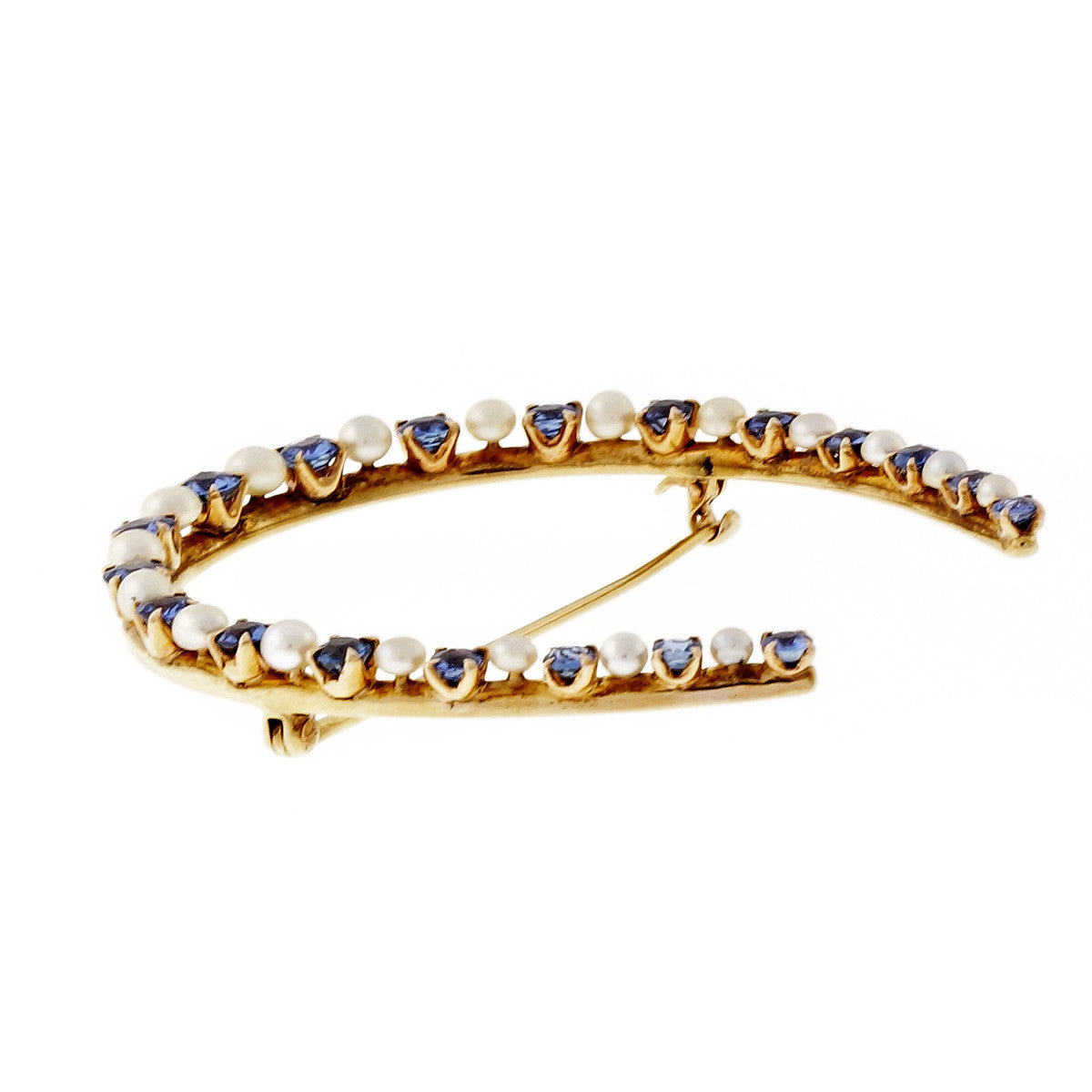 1920 Natural Montana Sapphire Horse Shoe Pin Natural Pearl 14k Yellow Gold – image 3