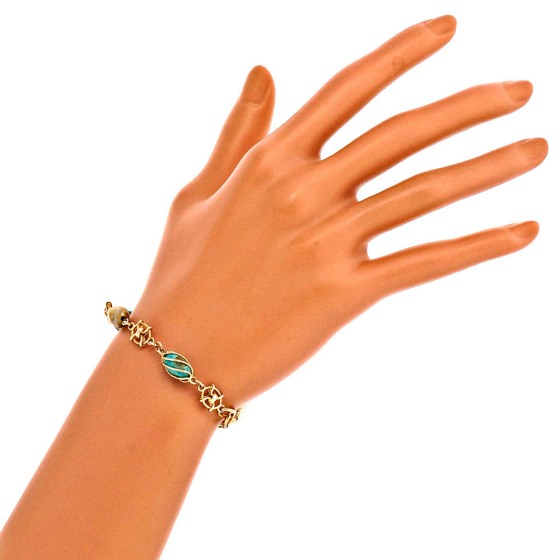Antiques Arts &amp; Crafts 1895 14k Handmade Freshwater Pearl &amp; Turquoise Bracelet – image 9