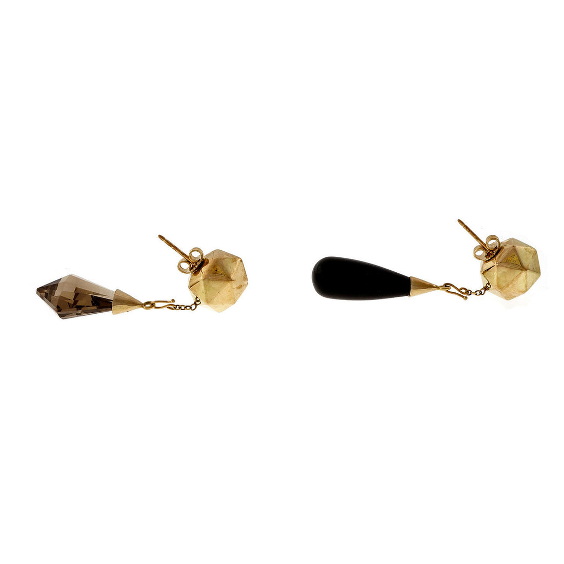 Vintage Faceted 14k Yellow Gold Dangle Earrings Smoky Quartz Black Onyx Pearl – image 3