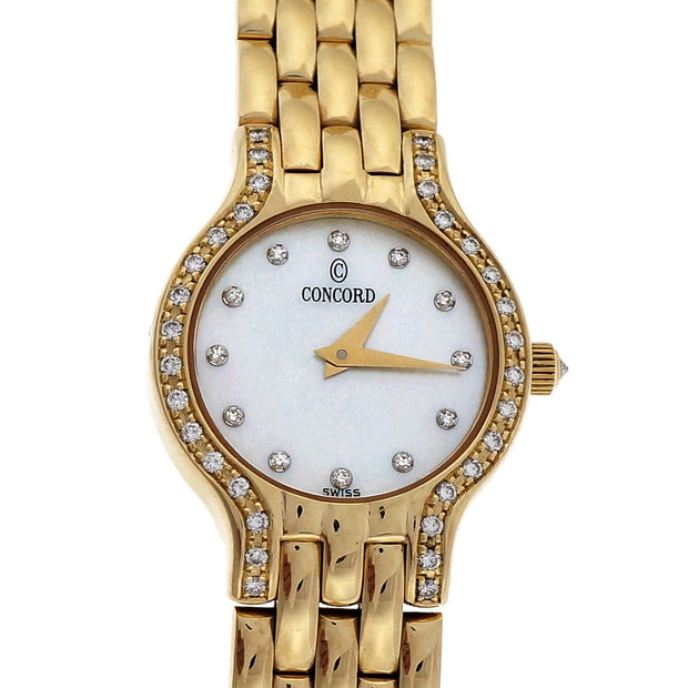 Ladies 14k Gold Concord Dress Watch Mesh Band Mother Of Pearl Diamond Dial