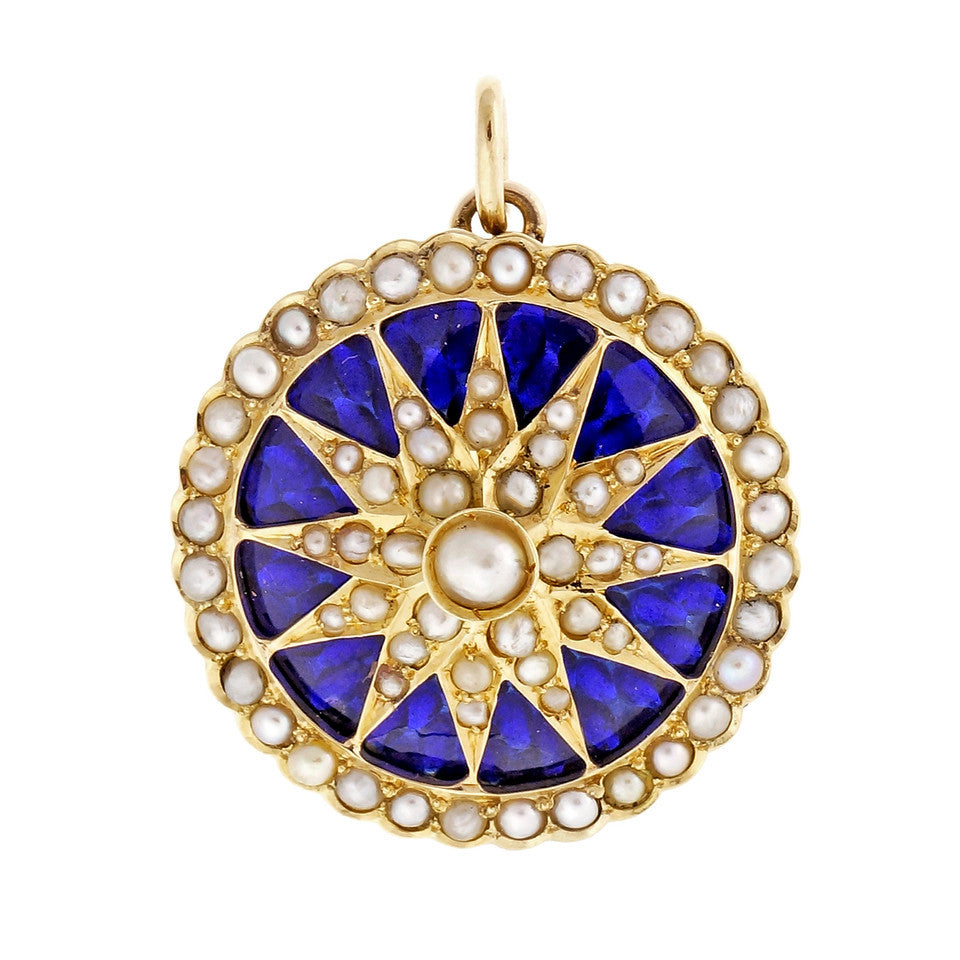 Estate 1950 Cobalt Blue Enamel Pendant 18k Yellow Gold Sunburst Design