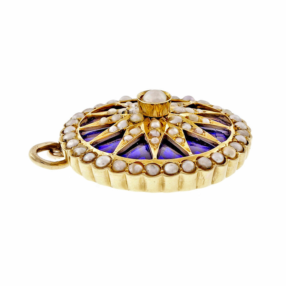 Estate 1950 Cobalt Blue Enamel Pendant 18k Yellow Gold Sunburst Design – image 3