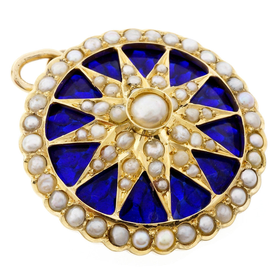 Estate 1950 Cobalt Blue Enamel Pendant 18k Yellow Gold Sunburst Design – image 4