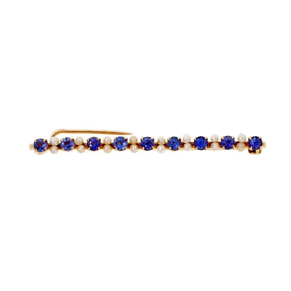 Natural Estate Montana Sapphire Natural Pearl Bar Pin 14k Yellow Gold