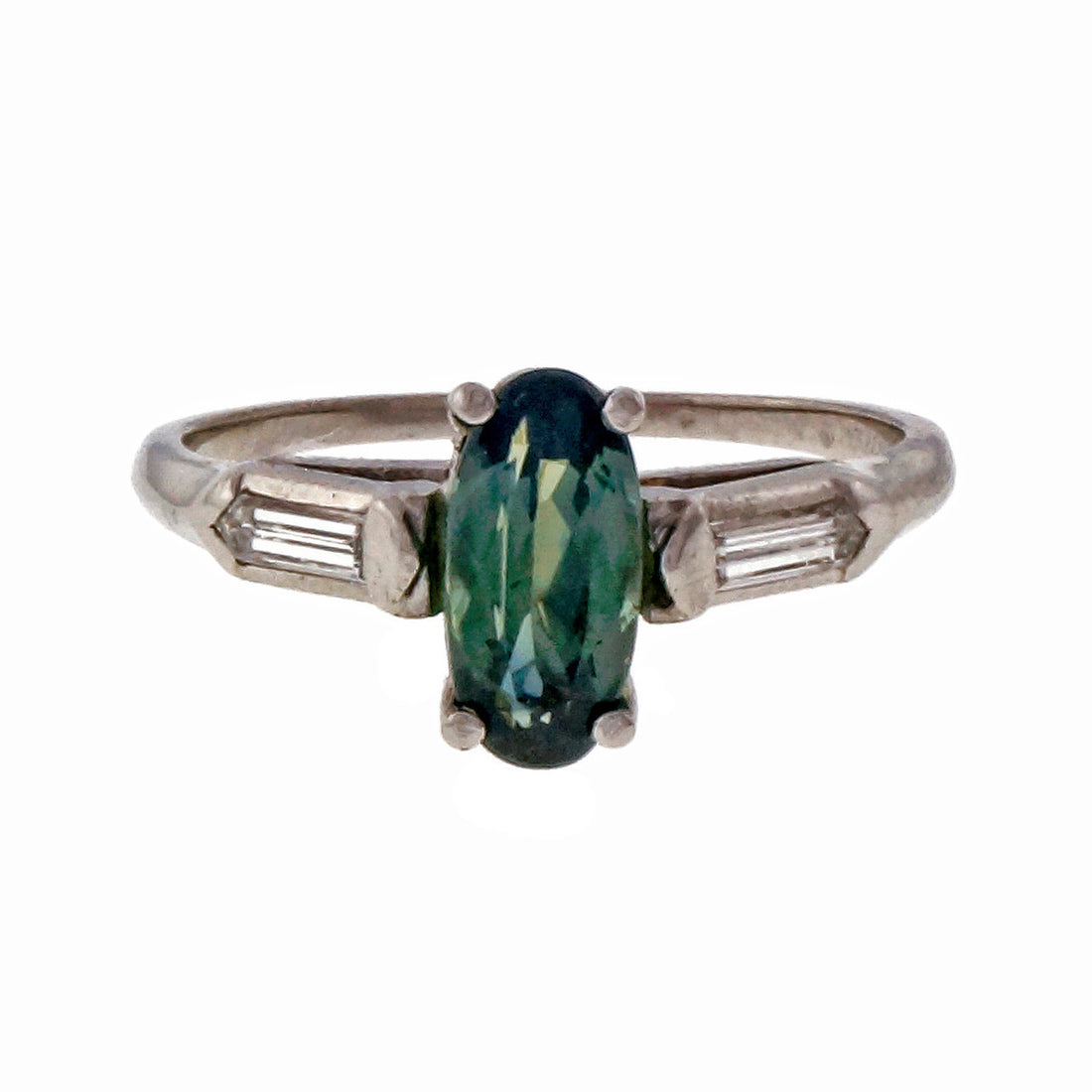 Vintage Platinum Mint Blue Green Oval 1.62ct Sapphire Platinum Engagement Ring – image 2