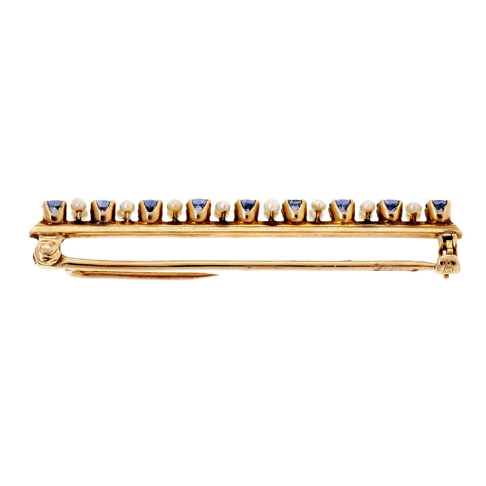 Natural Estate Montana Sapphire Natural Pearl Bar Pin 14k Yellow Gold – image 2