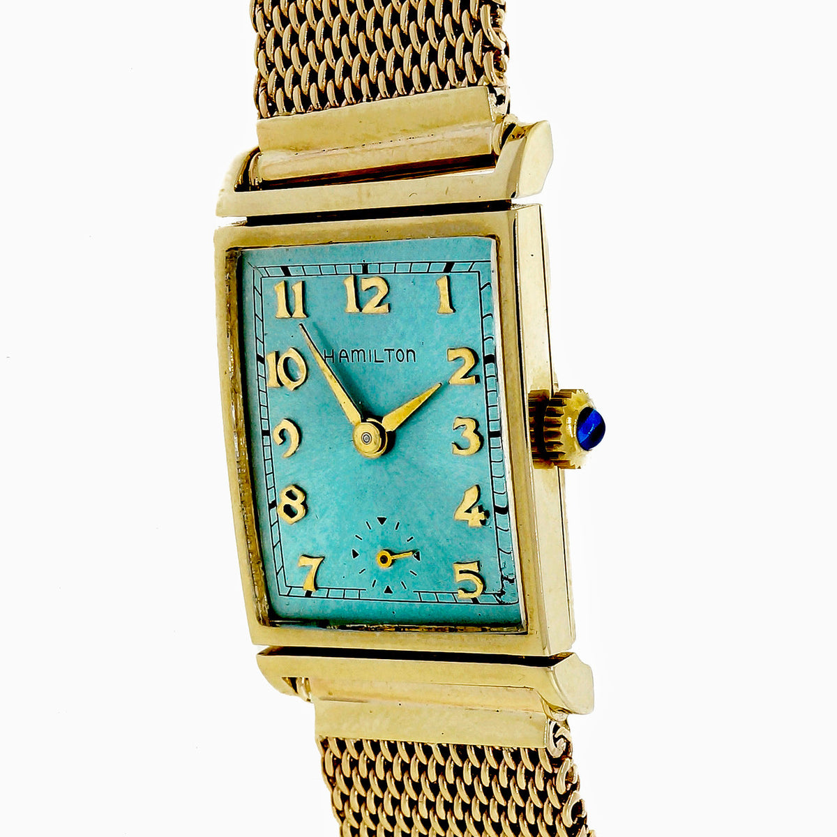 Hamilton Art Deco 14k Gold Tank Watch Custom Colored Ice Blue Dial Mesh Band – image 8