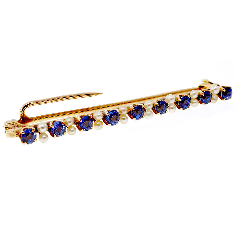 Natural Estate Montana Sapphire Natural Pearl Bar Pin 14k Yellow Gold – image 4