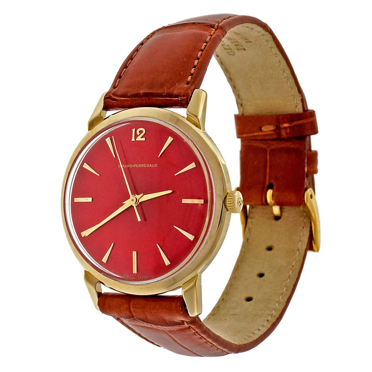 1960 Girard Perregaux Automatic 14k Strap Wrist Watch Custom Colored Red Dial – image 6