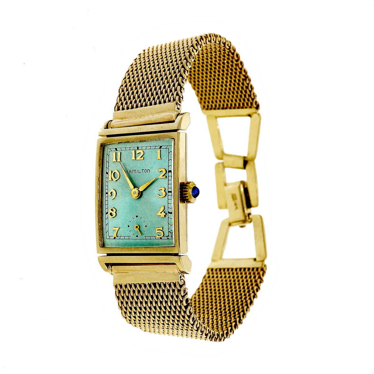 Hamilton Art Deco 14k Gold Tank Watch Custom Colored Ice Blue Dial Mesh Band – image 12
