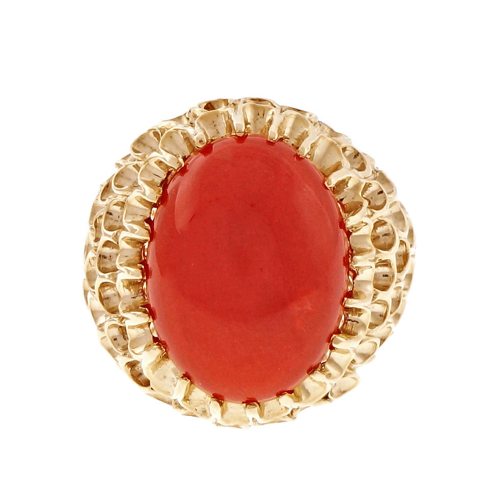 Natural Certified Red Orange Coral Ring Baden & Foss 14k Yellow Gold